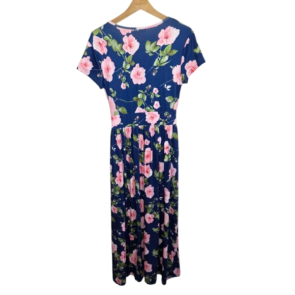 Ouges | Navy Blue Pink Floral Surplice Crossover V-Neck Maxi Dress Size Small - Picture 4 of 4